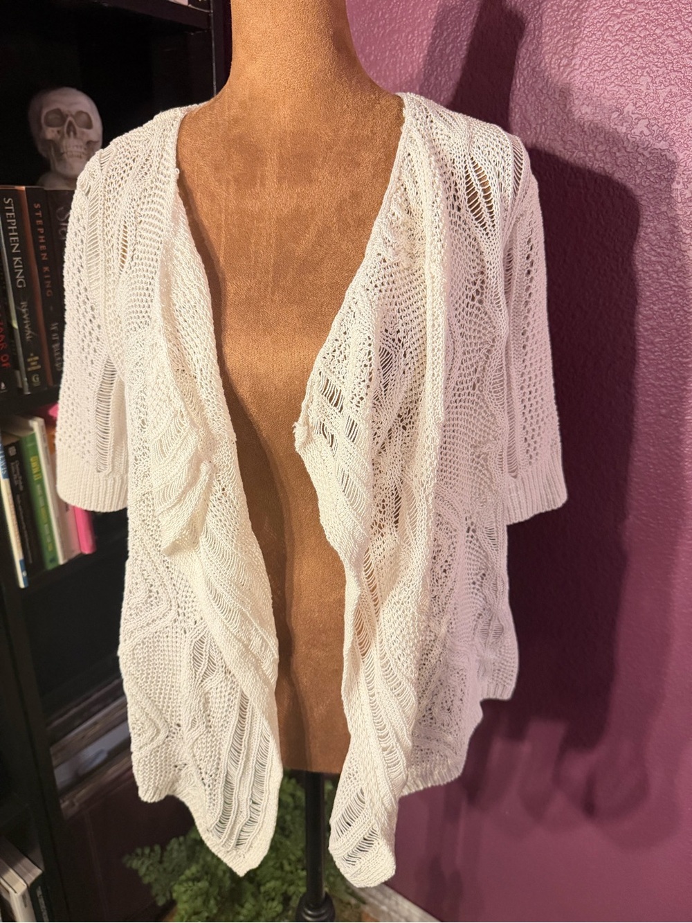 Ruby Rd White Open-Knit Women’s Sweater Cardigan